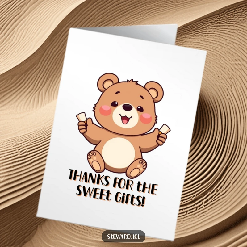 Funny Free Printable Thank You Card: Bear cub with a happy expression handing out miniature scrolled messages of thanks.