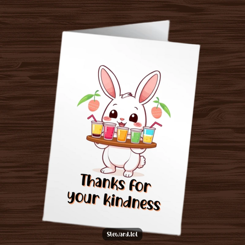 Funny Free Printable Thank You Card featuring a cheerful rabbit character offering a tray of colorful drinks as a token of thanks.