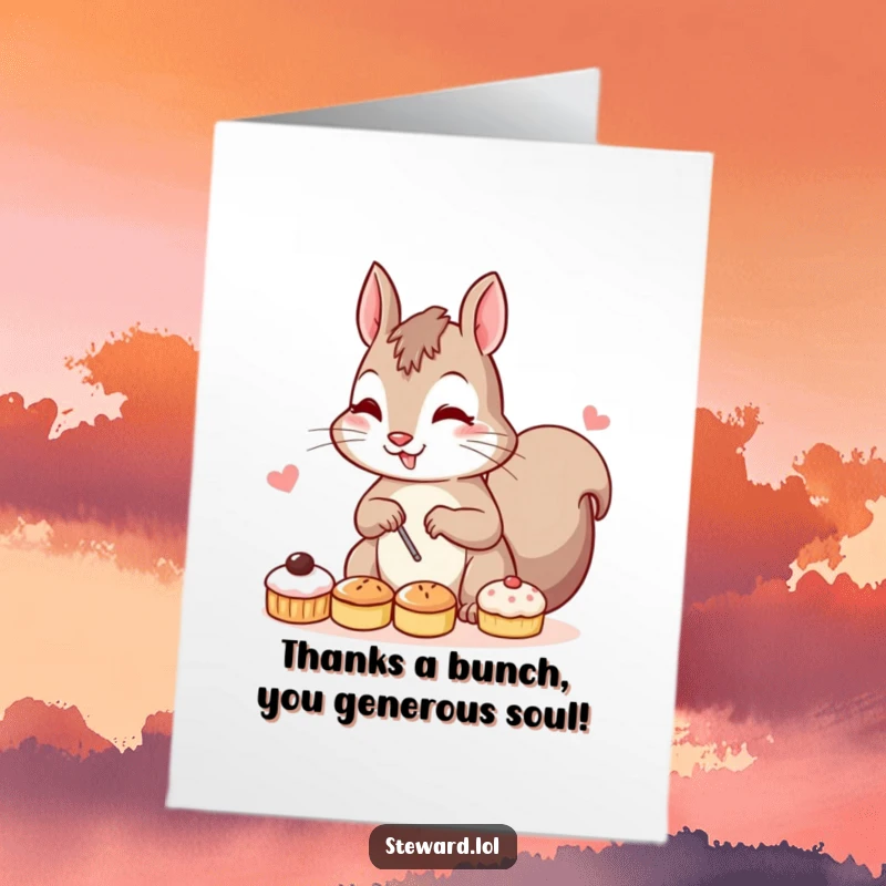 Funny Free Printable Thank You Card: A determined squirrel artist artfully arranges miniature pastries as a gesture of thanks.
