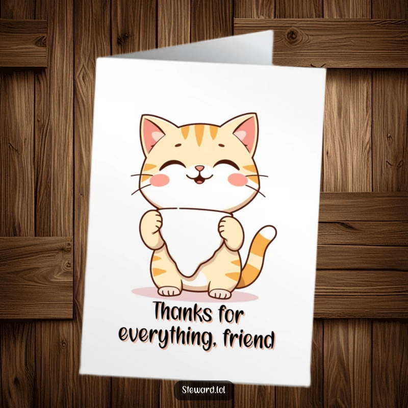 Funny Free Printable Thank You Card showing a playful cat character with a warm smile, tidying its napkin with gentle gratitude.