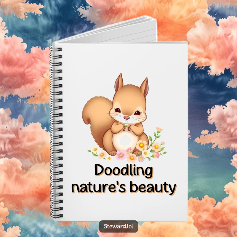 Funny Squirrel Notebook: A notebook cover featuring a squirrel meticulously arranging tiny flowers, ideal for writing and planning with artistic and humorous detail.