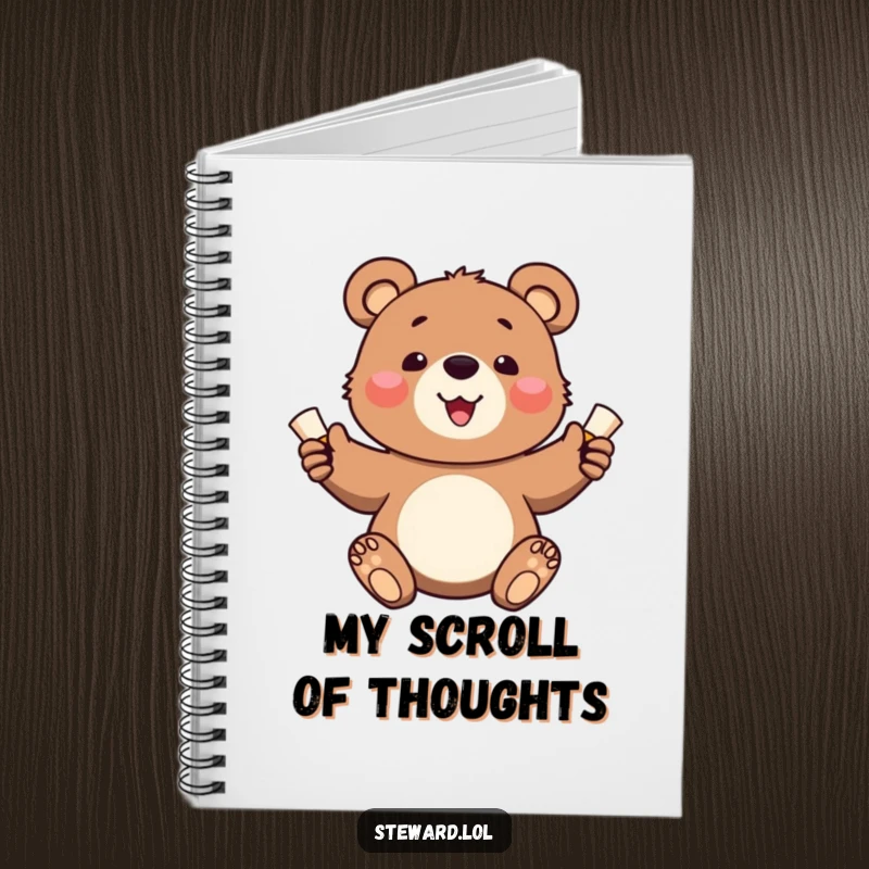 Funny notebook featuring a cheerful bear cub distributing small, rolled scrolls, perfect for writing and notes.