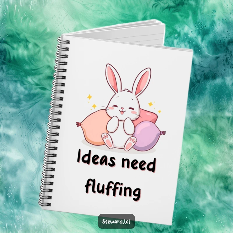 Funny Bunny Notebook: A notebook cover featuring a busy rabbit fluffing colorful cushions, ideal for writing and planning with humor and cuteness.