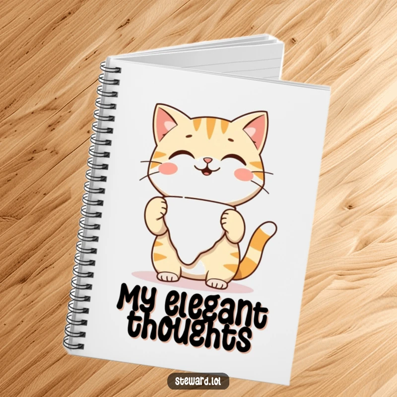Funny playful cat notebook, adjusting a napkin with a warm smile, ideal for writing and brainstorming with cute cat humor, a funny gift.