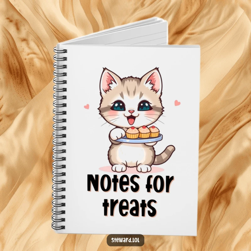 Funny Kitten Notebook: A notebook cover featuring a happy kitten with a serving tray of tiny baked goods, ideal for writing and planning with humor.
