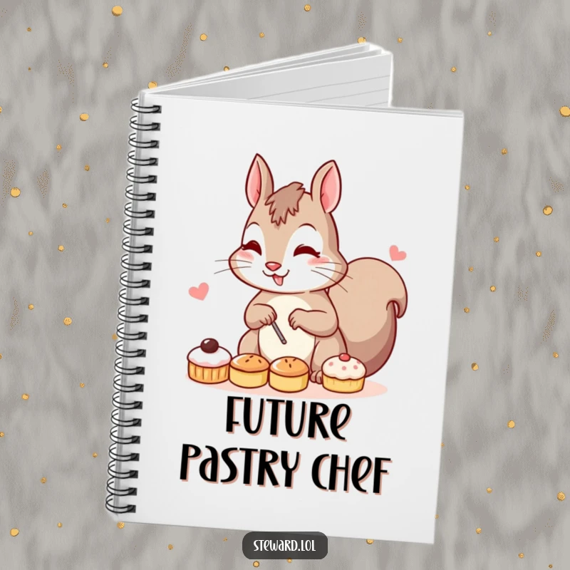 Funny notebook featuring a determined squirrel character busy arranging small pastries, symbolizing meticulous organization and a love for sweet details.