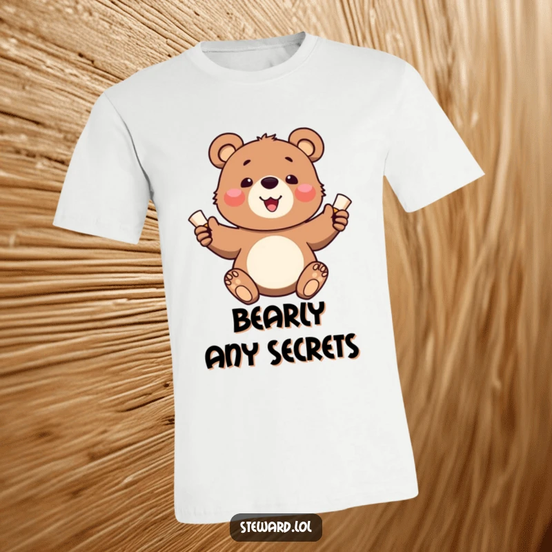 Funny t-shirt with a happy bear cub delightedly handing out small, rolled scrolls, symbolizing good news.