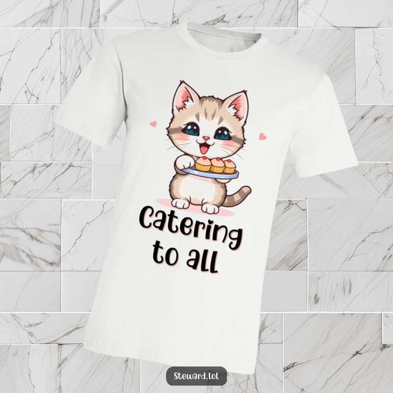 Funny Kitten T-Shirt: An energetic kitten holding a serving tray with tiny cupcakes and cookies, looking delightful and ready to please, a funny gift.