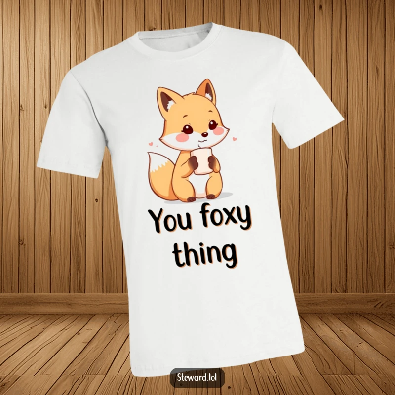 Funny t-shirt depicting a cute fox character extending a warm beverage to a guest, showcasing its gracious and humorous hosting skills.