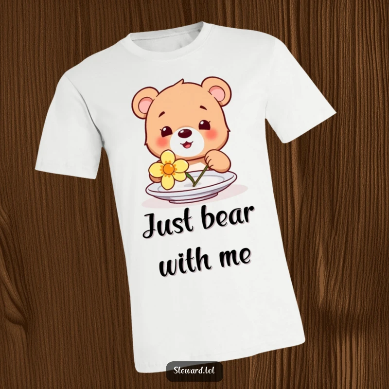 Funny t-shirt depicting a joyful bear cub carefully placing a single, colorful flower onto a plate, exuding innocent happiness and charm.