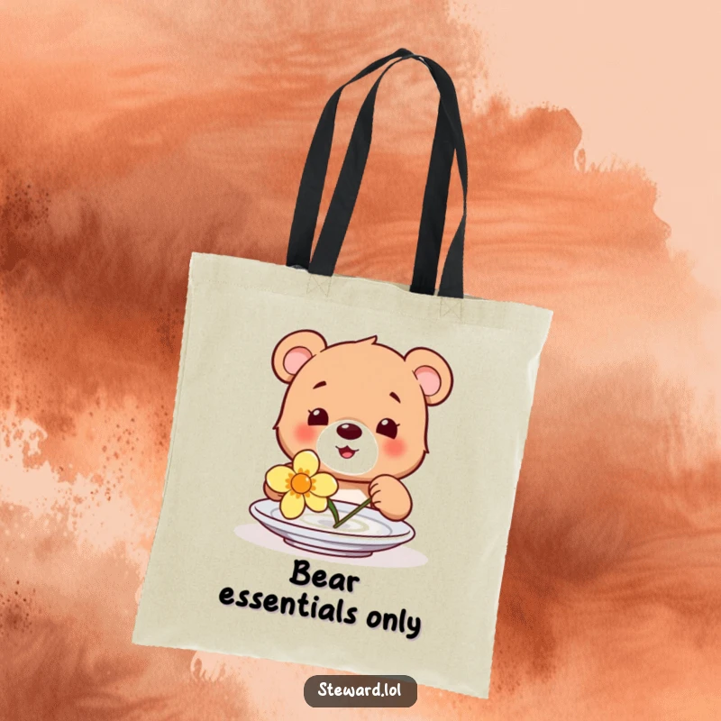 Funny tote bag featuring a happy bear cub placing a flower on a plate, showcasing its innocent joy and gentle nature.