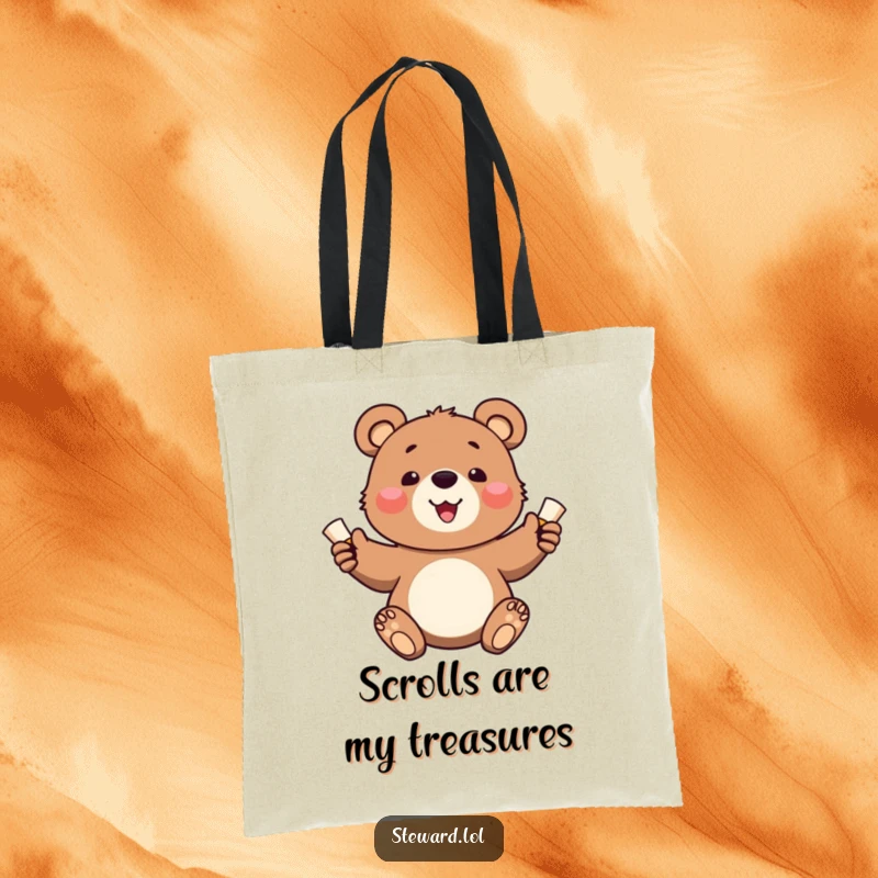 Funny tote bag featuring a happy bear cub cheerfully handing out small, rolled scrolls, great for carrying items.