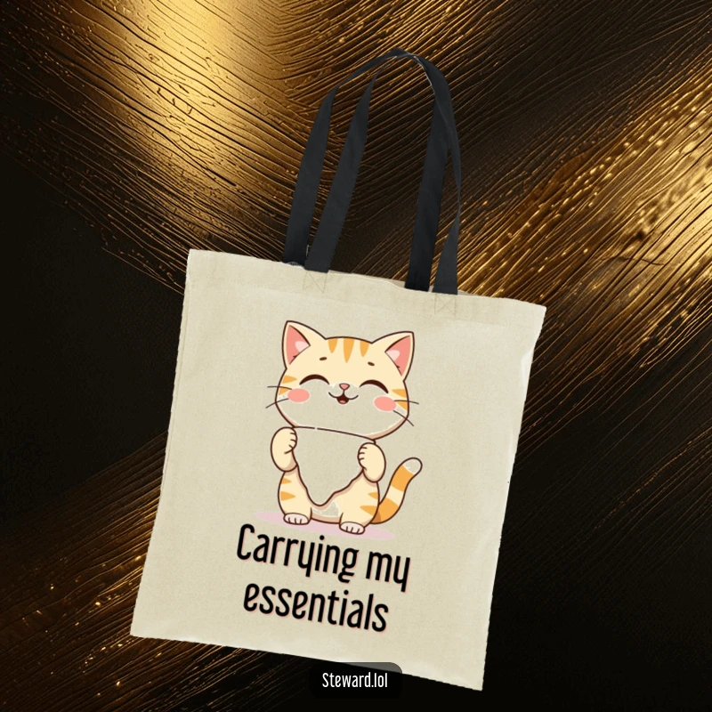 Funny playful cat tote bag, adjusting a napkin with a warm smile, perfect for carrying items with feline charm and humor, a funny gift.