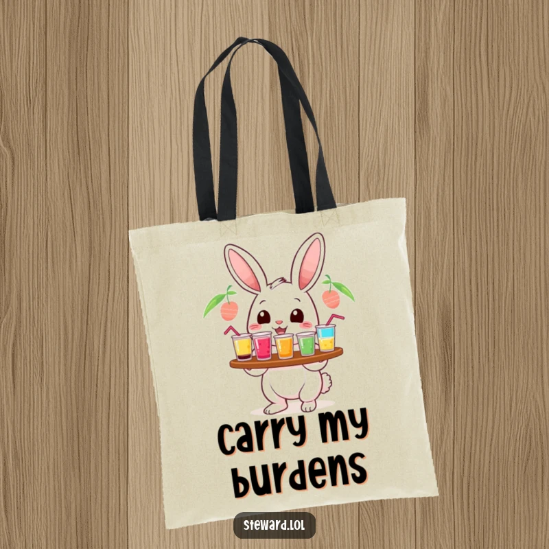 Funny cheerful rabbit tote bag, serving colorful drinks, perfect for carrying items with a cute and humorous touch, a funny gift.