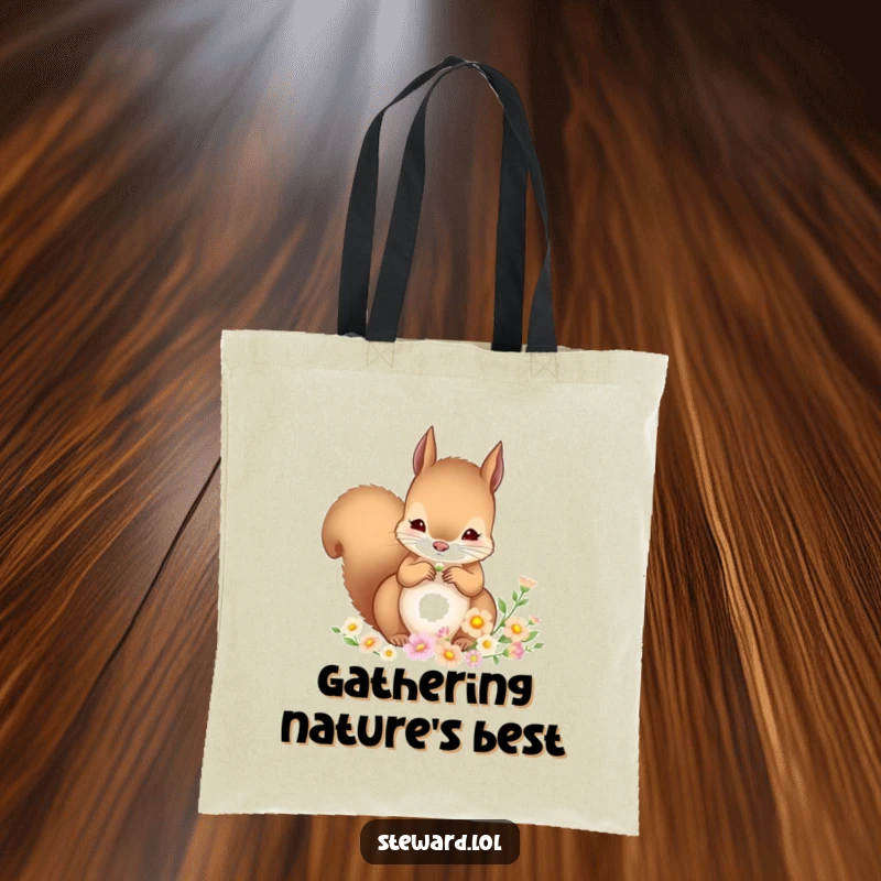 Funny Squirrel Tote Bag: A charming tote bag featuring a squirrel meticulously arranging tiny flowers, perfect for carrying items with natural artistry.